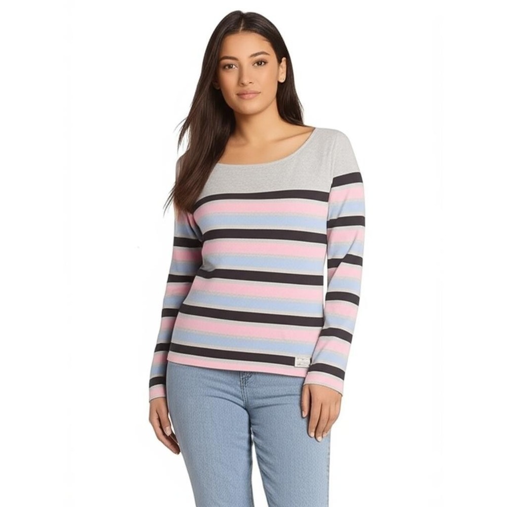 3/$15 TALBOTS Small Gray Blue Pink Striped Cotton Pullover Long‎ Sleeve Tee
